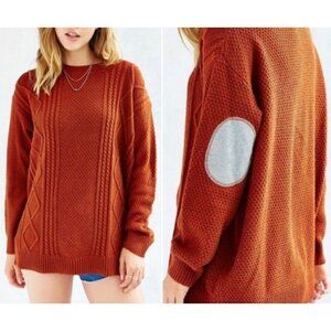 Urban Outfitters BDG Small Crew Neck Oversized Cable Knit Sweater Elbow Patches